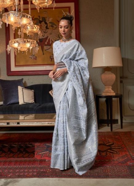 Light Blue Gray Silk Weaving Handloom Saree