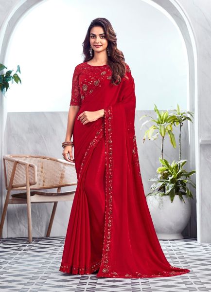 Cherry Red Velvet Chiffon Silk Embroidered Party-Wear Boutique-Style Saree