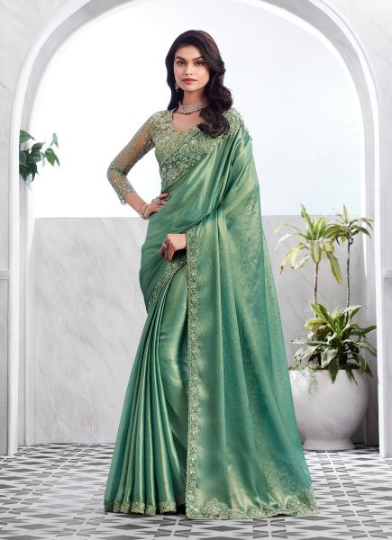Light Teal Green Shimmer Silk Embroidered Party-Wear Boutique-Style Saree
