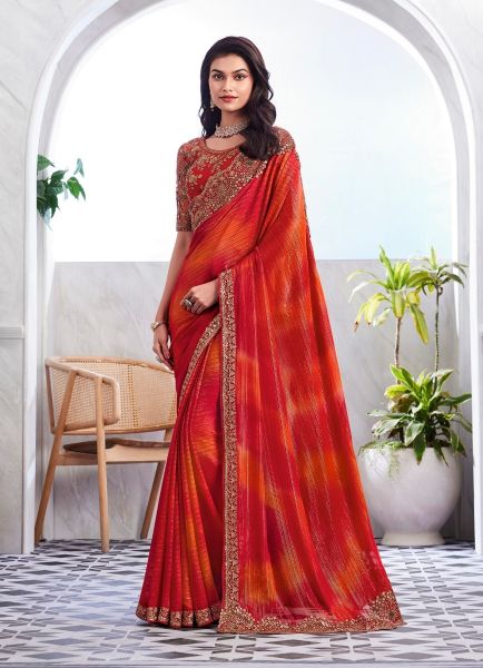 Red Shimmer Silk Embroidered Party-Wear Boutique-Style Saree