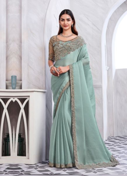 Light Blue Silk Embroidered Party-Wear Boutique-Style Saree