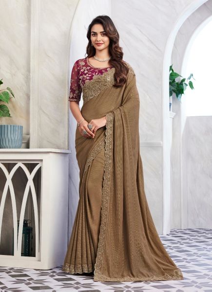 Burlywood Shimmer Silk Embroidered Party-Wear Boutique-Style Saree