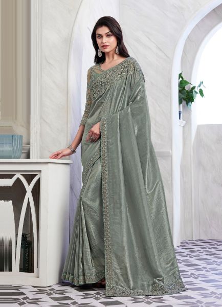 Gray Silk Embroidered Party-Wear Boutique-Style Saree