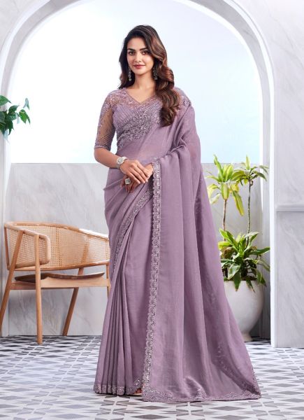 Lilac Soft Shine Silk Embroidered Party-Wear Boutique-Style Saree