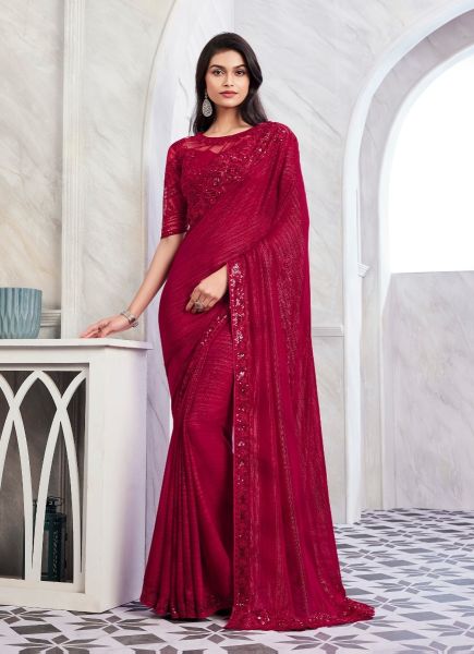 Wine Red Shimmer Silk Embroidered Party-Wear Boutique-Style Saree
