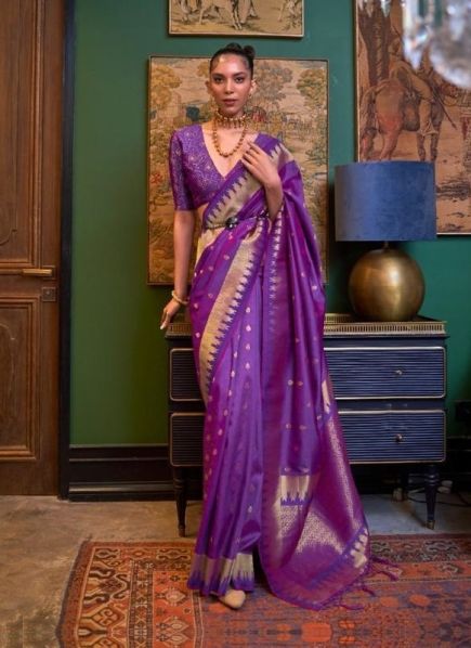 Violet Handloom Weaving Silk Party-Wear Saree