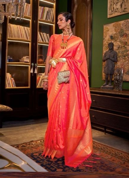 Coral Red Handloom Weaving Silk Party-Wear Saree
