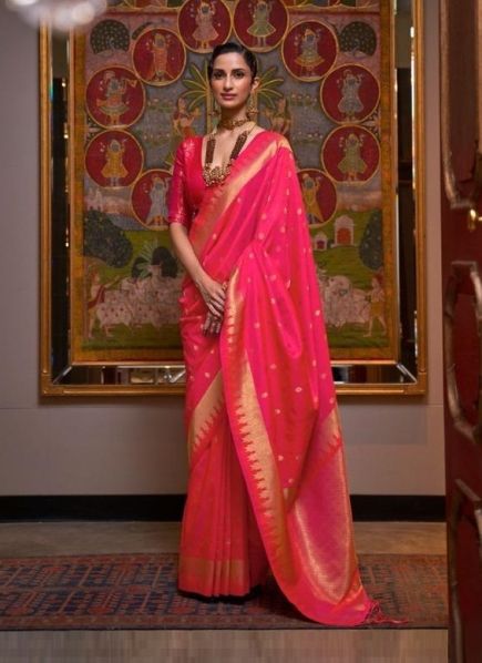Pink Red Handloom Weaving Silk Party-Wear Saree