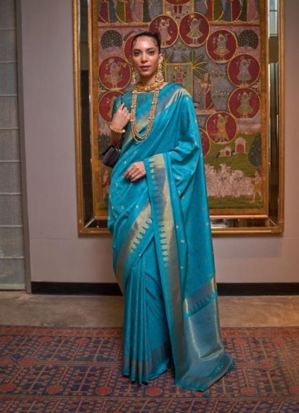 Dark Sky Blue Handloom Weaving Silk Party-Wear Saree