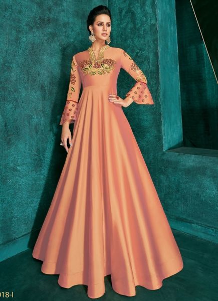 Coral Peach Silk With Heavy Embroidery Work Floor-Length Readymade Gown