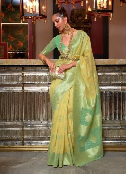 Light Yellow Linen Weaving Festive-Wear Soft Silk Saree