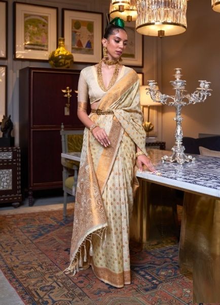 White Khadi Silk Party Wear Saree With Copper Zari Weaving