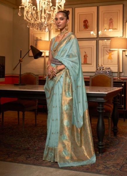 Light Blue Silk Handloom Weaving Festive-Wear Saree