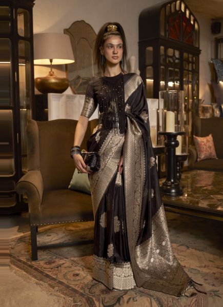 Black Georgette Saree With Nylon Handloom Weaving