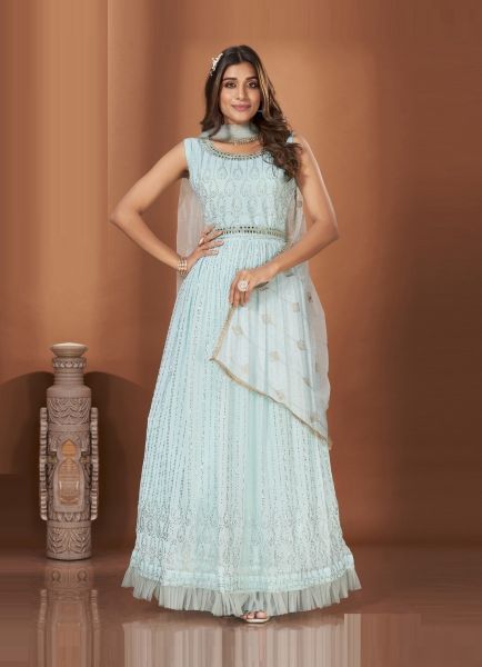 Light Blue Georgette Crush With Organza Frill Mirror-Work Party-Wear Readymade Gown With Dupatta