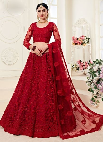 Dark Red Net Silk Satin 2 Layer Inner With Can-Can Wedding Lehenga Choli