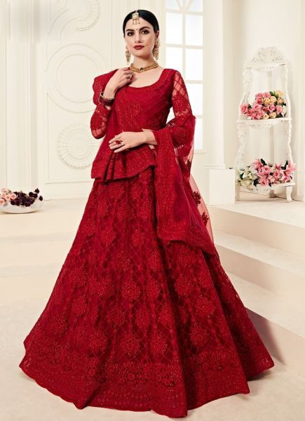 Ruby Red Net Silk Satin 2 Layer Inner With Can-Can Wedding Lehenga Choli