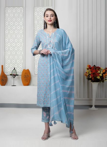 Light Blue Pure Cambric Cotton Printed Summer-Wear Pant-Bottom Readymade Salwar Kameez
