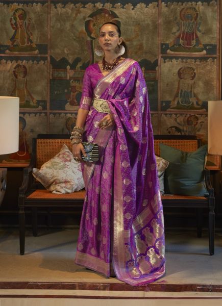 Purple Satin Handloom Weaving Festive-Wear Saree