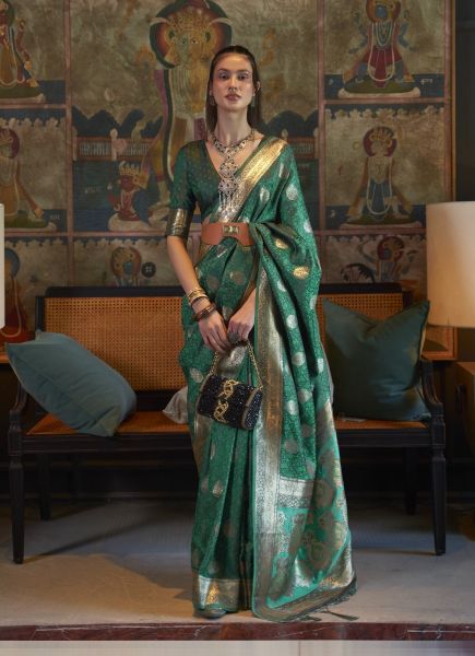 Green Satin Handloom Weaving Festive-Wear Saree