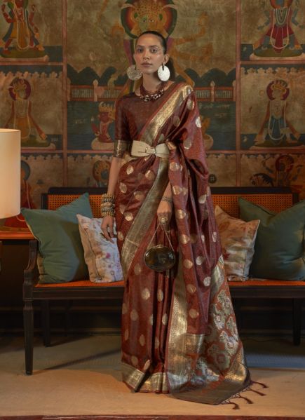 Maroon Satin Handloom Weaving Festive-Wear Saree