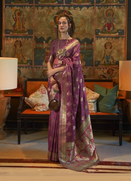 Purple Satin Handloom Weaving Festive-Wear Saree