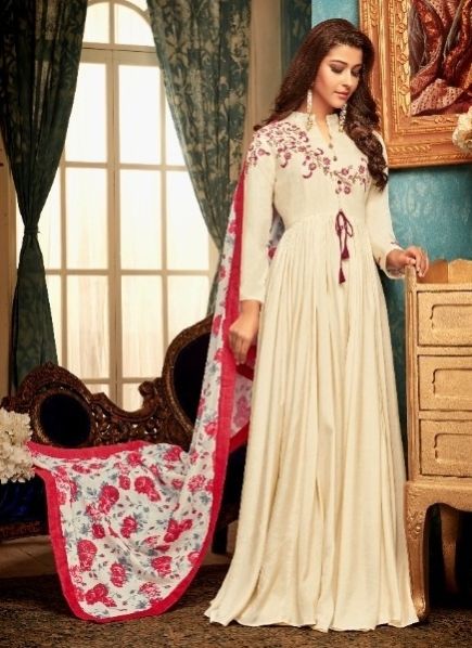 Cream Heavy Muslin With Embroidery Readymade Gown With Dupatta