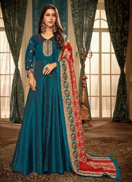 Aegean Blue Heavy Muslin With Embroidery Readymade Gown With Dupatta