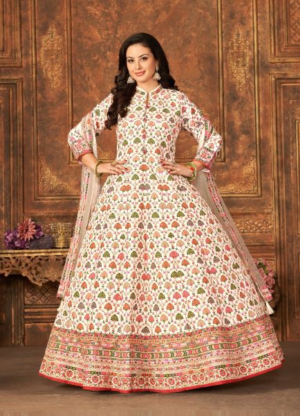Creamy White Art Silk Printed Readymade Gown With Dupatta For Traditional / Religious Occasions