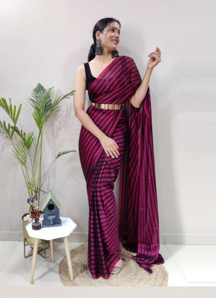 Purple With Black Stripes Rangoli Silk Ready-to-Wear Saree With Belt