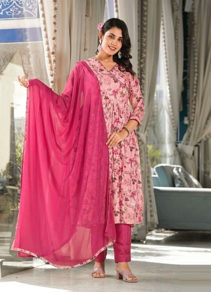 Pink Muslin Silk Printed Festive-Wear Readymade Alia-Cut / Nyra-Cut Salwar Kameez