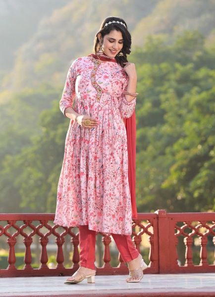 Light Pink Muslin Silk Printed Festive-Wear Readymade Alia-Cut / Nyra-Cut Salwar Kameez