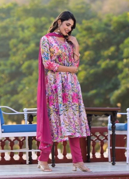 Multicolor Georgette Printed Festive-Wear Readymade Alia-Cut / Nyra-Cut Salwar Kameez