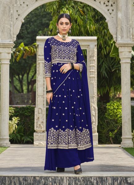 Blue Crushed Georgette With Sequins-Work Palazzo-Bottom Readymade Salwar Kameez