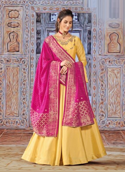 Yellow Art Silk Hand-Work Party-Wear Readymade Gown With Dupatta