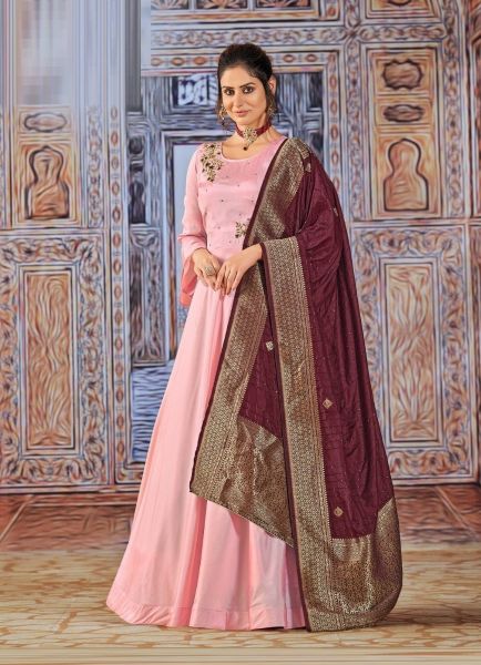 Pink Art Silk Hand-Work Party-Wear Readymade Gown With Dupatta