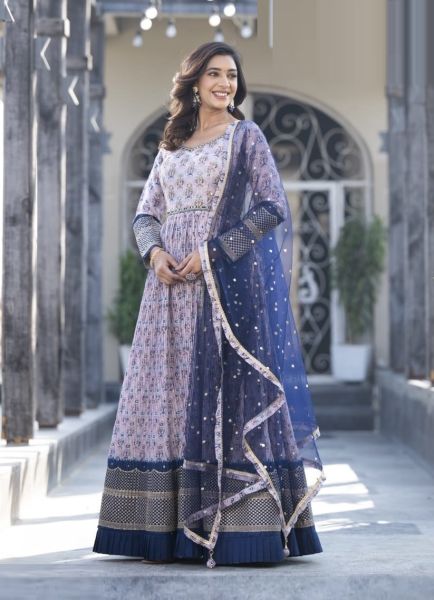 Light Lavender Satin Georgette Hand Embroidered Readymade Gown With Dupatta For Traditional / Religious Occasions