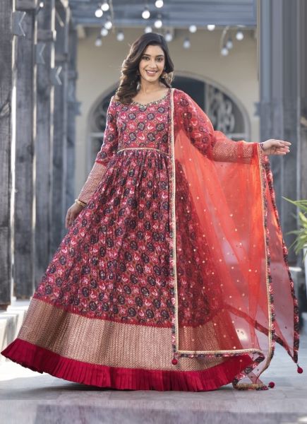 Crimson Red Satin Georgette Hand Embroidered Readymade Gown With Dupatta For Traditional / Religious Occasions