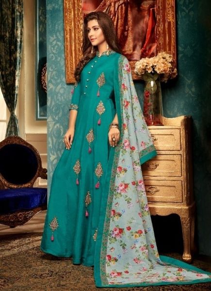 Teal Blue Heavy Muslin With Embroidery Readymade Gown With Dupatta