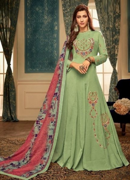 Celadon Heavy Muslin With Embroidery Readymade Gown With Dupatta