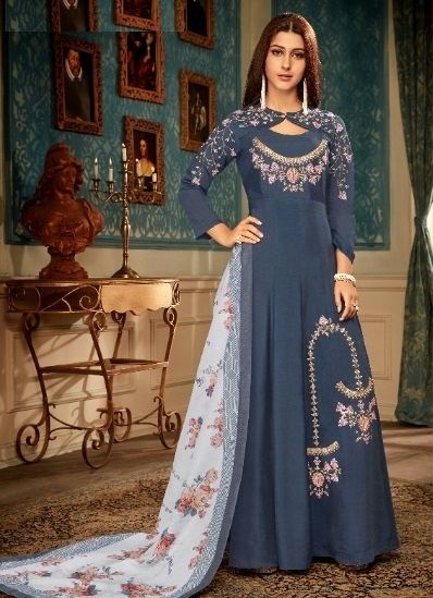 Denim Blue Heavy Muslin With Embroidery Readymade Gown With Dupatta