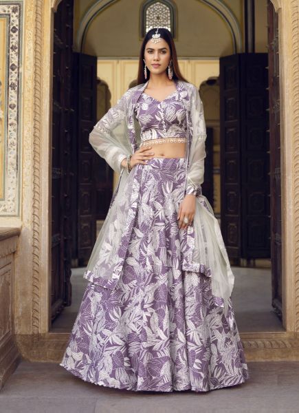 Lilac & White Finest Crushed Silk Floral Digitally Printed Party-Wear Lehenga Choli