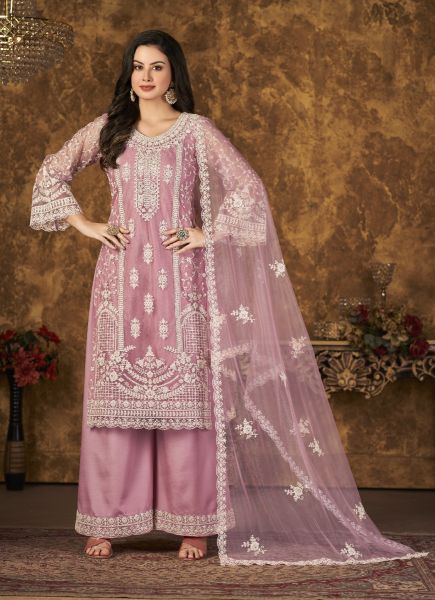 Pink Net With Cording Embroidery & Thread-Work Party-Wear Pant-Bottom Salwar Kameez