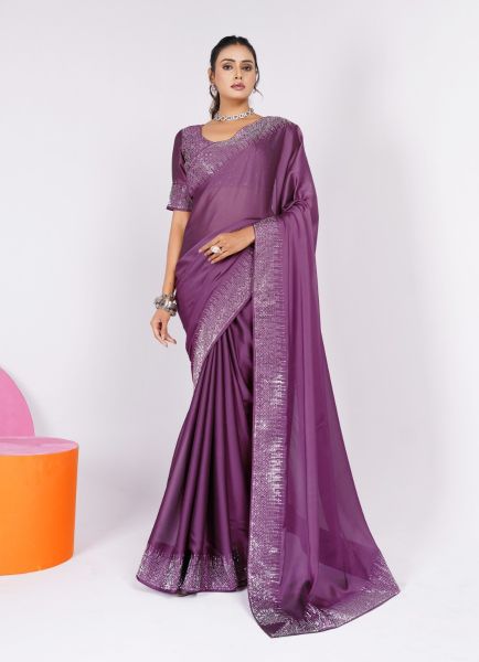 Purple Rangoli Silk Swarovski Work Party-Wear Boutique-Style Saree