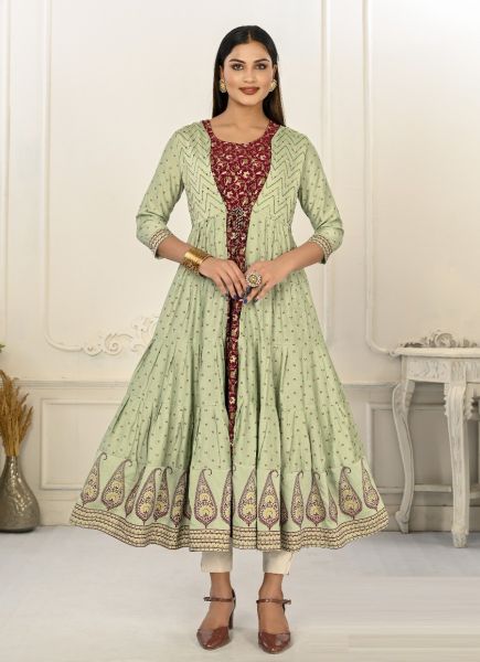 Pista Green & Maroon Cotton Handprinted Readymade Anarkali Kurti For Traditional / Religious Occasions
