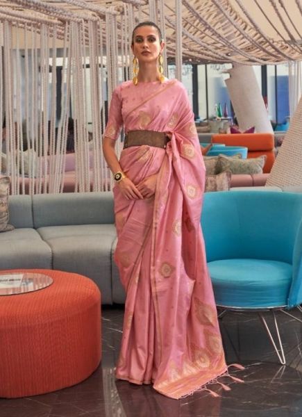 Pink Silk Copper Zari Weaving & Embroidered Festive-Wear Saree