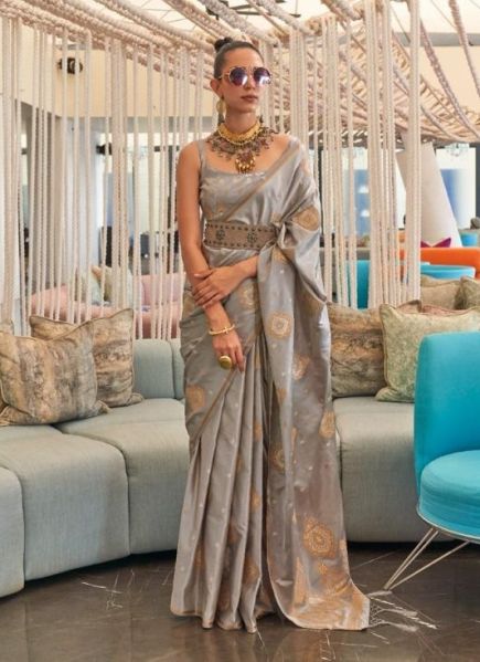 Gray Silk Copper Zari Weaving & Embroidered Festive-Wear Saree