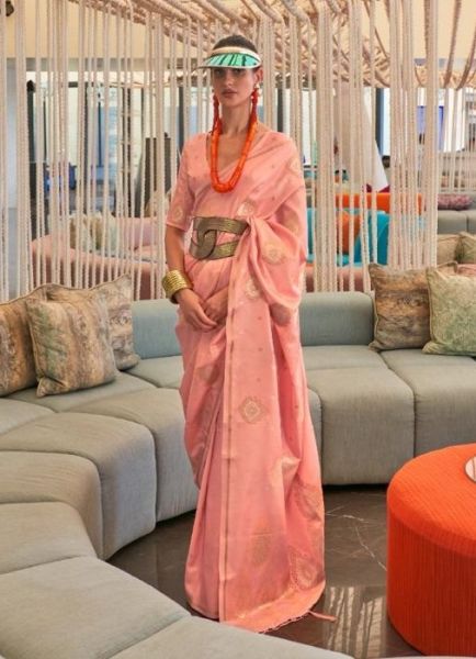 Light Coral Silk Copper Zari Weaving & Embroidered Festive-Wear Saree
