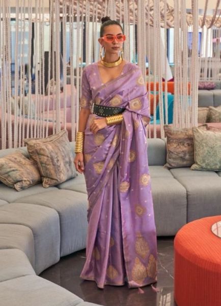 Light Purple Silk Copper Zari Weaving & Embroidered Festive-Wear Saree