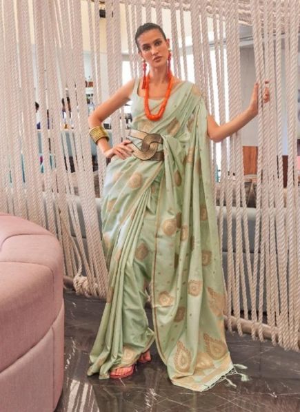 Celadon Silk Copper Zari Weaving & Embroidered Festive-Wear Saree